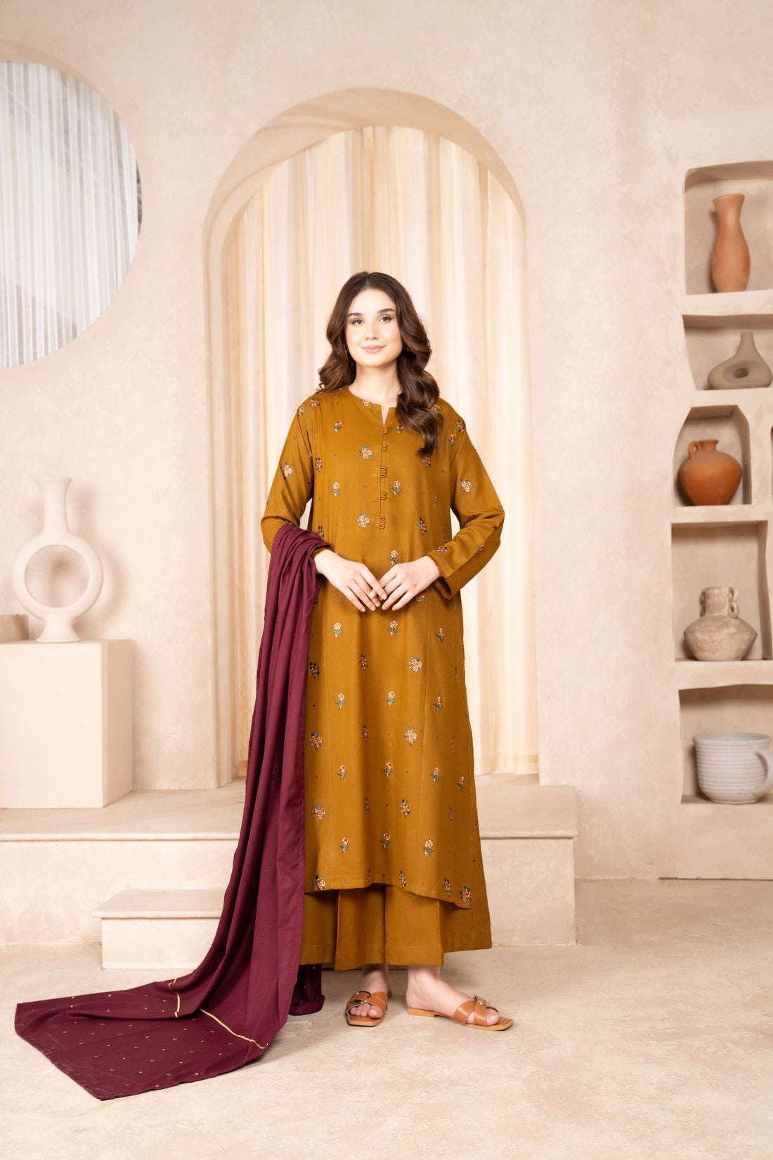 LAZULI- 3PC DHANAK EMBROIDERED SHIRT DHANAK EMBROIDERED DUPATTA AND TROUSER -W.J-1575