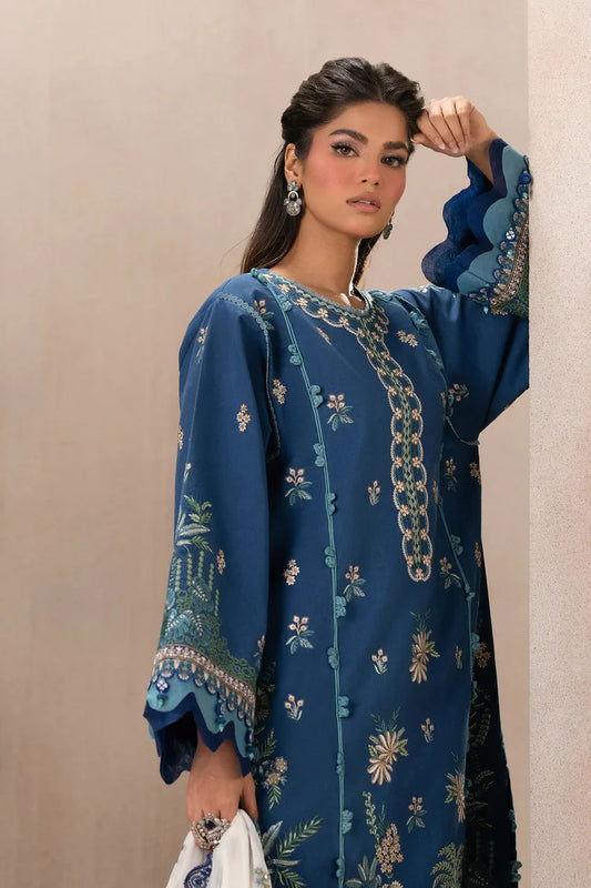 ETHNC-3PC DHANAK HEAVY EMBROIDERED SHIRT WITH COTTON NET EMBROIDERED DUPATTA AND EMB TROUSER -WJ-1939