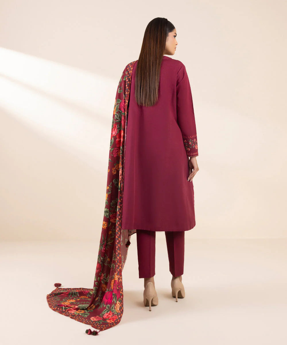SAPPHIRE- 3PC DHANAK EMBROIDERED SHIRT WITH WOOL PRINT SHAWL AND TROUSER-W.J-1308
