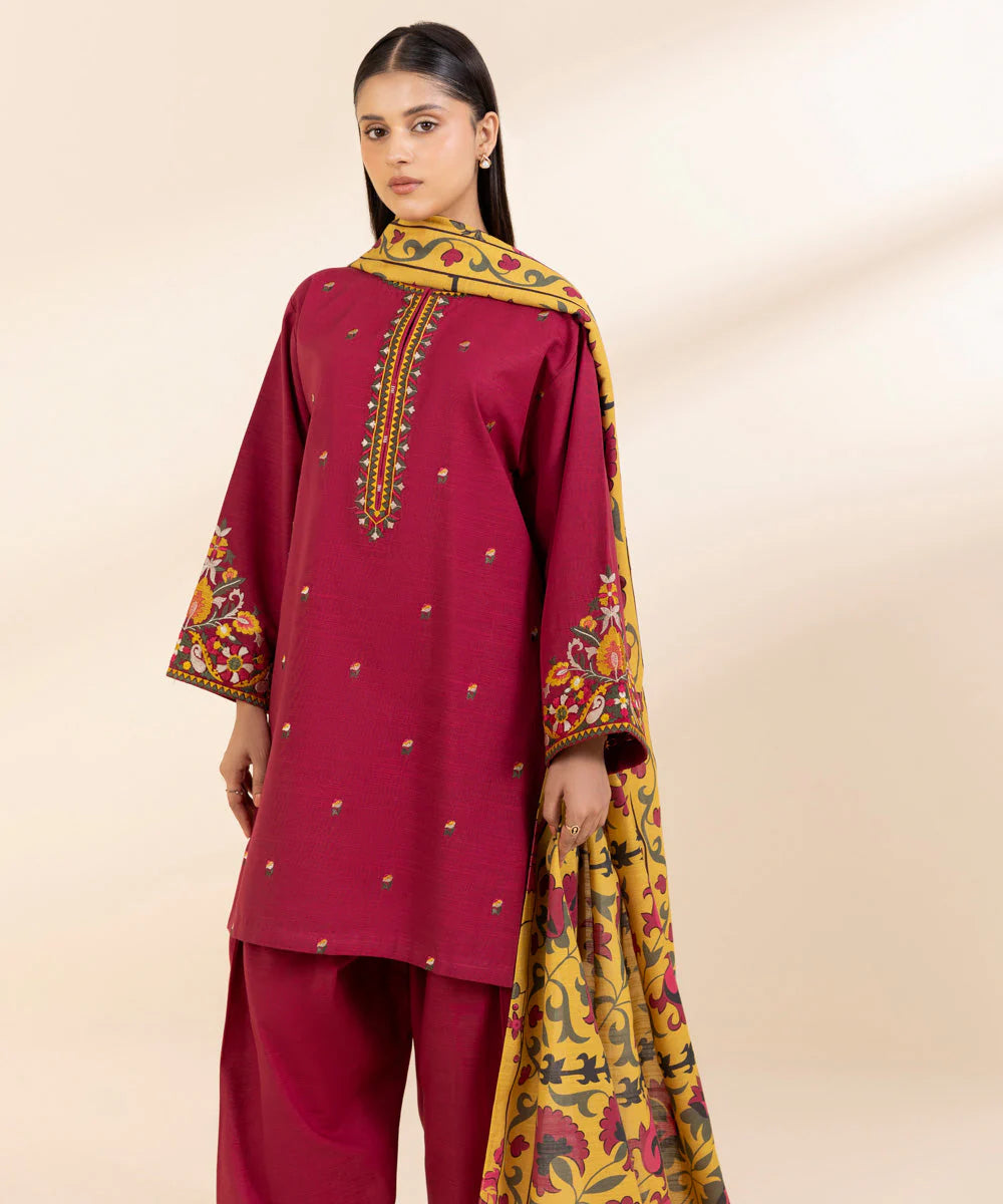 SAPPHIRE- 3PC KHADAR EMBROIDERED SHIRT WITH WOOL PRINT SHAWL AND TROUSER-W.J-1305