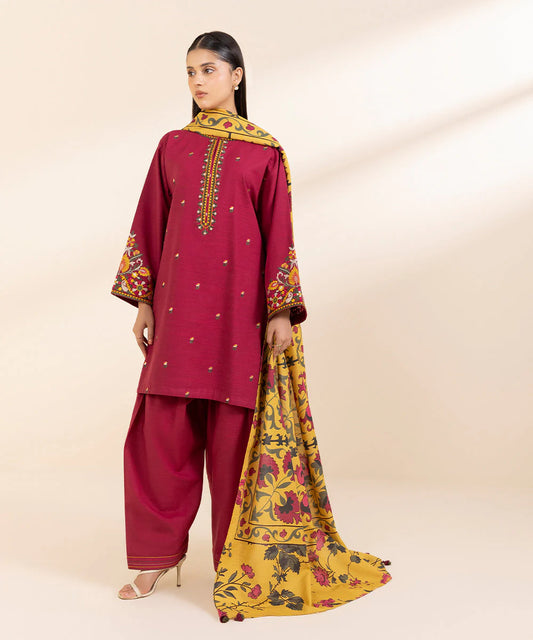 SAPPHIRE- 3PC KHADAR EMBROIDERED SHIRT WITH WOOL PRINT SHAWL AND TROUSER-W.J-1305