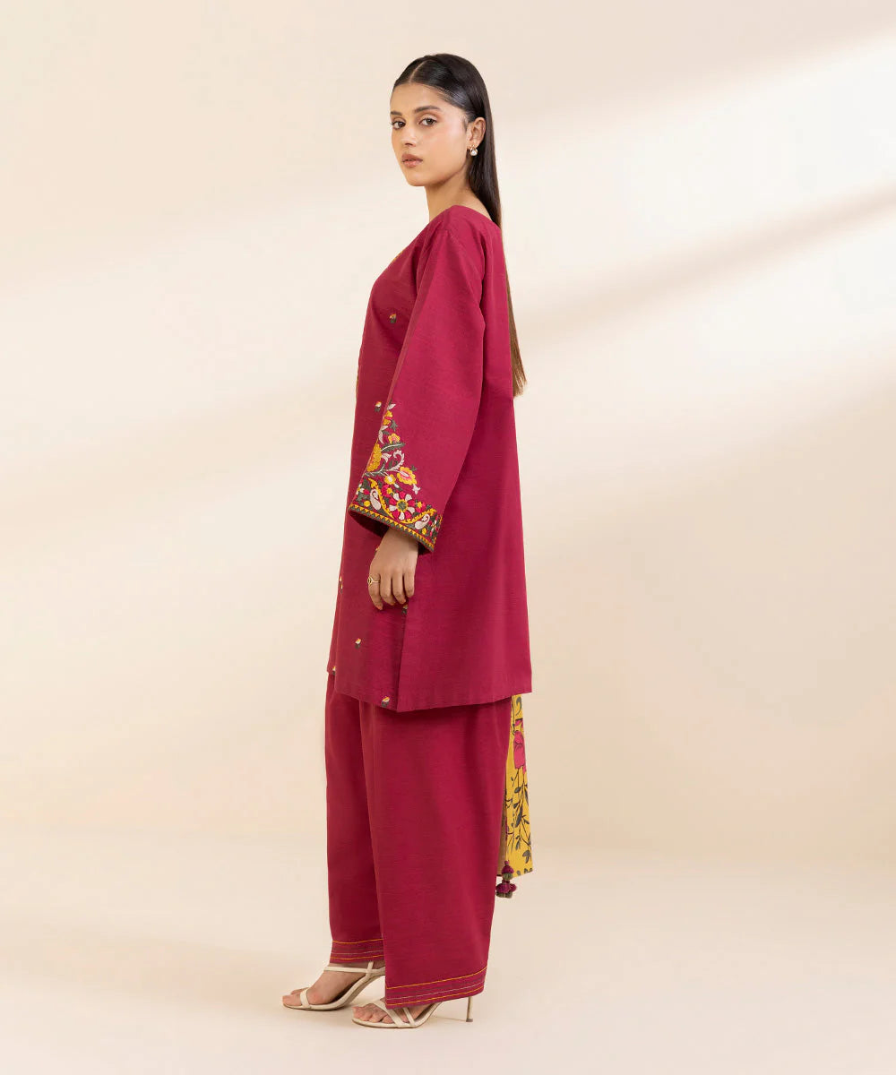 SAPPHIRE- 3PC KHADAR EMBROIDERED SHIRT WITH WOOL PRINT SHAWL AND TROUSER-W.J-1305