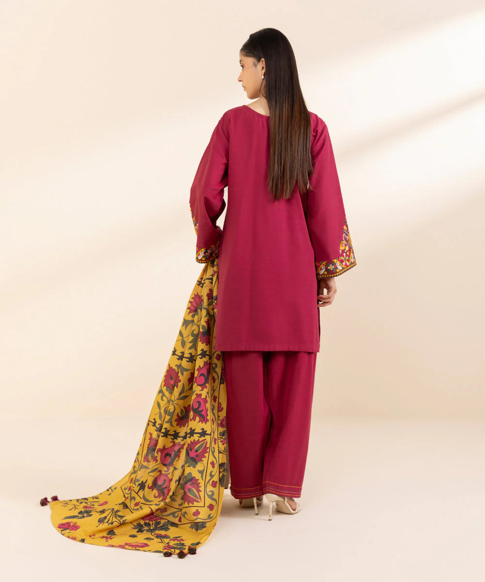 SAPPHIRE- 3PC KHADAR EMBROIDERED SHIRT WITH WOOL PRINT SHAWL AND TROUSER-W.J-1305