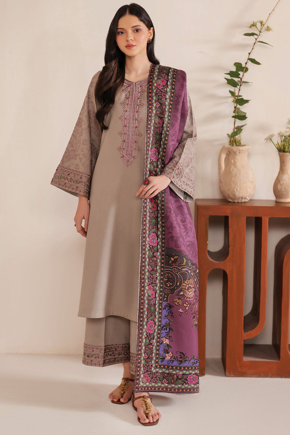 GARNET-3PC LAWN EMBROIDERED SHIRT WITH MONARK PRINT DUPATTA AND TROUSER-W.J-1525