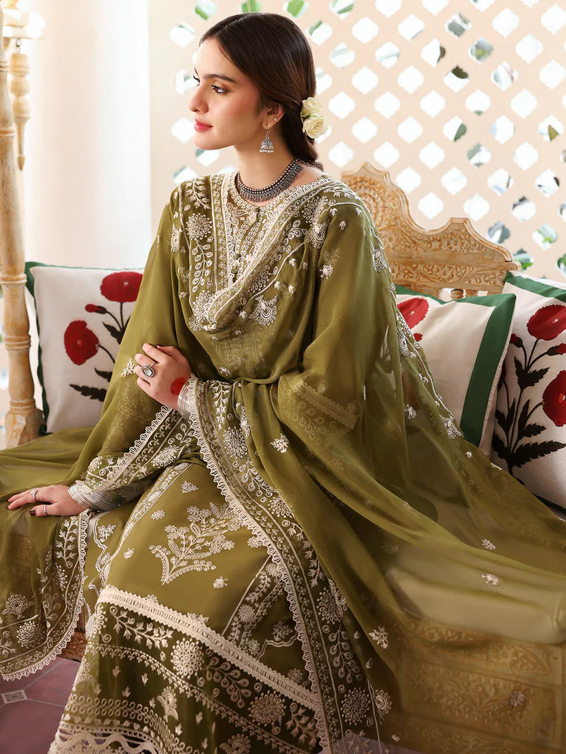 MAHNUR-3PC DHANAK EMBROIDERED SHIRT WITH DHANAK EMBROIDERED SHAWL & TROUSER-W.J-1902