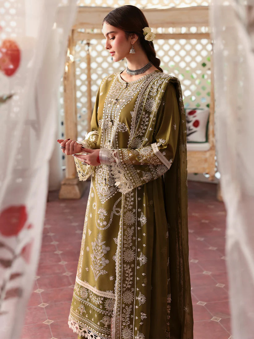 MAHNUR-3PC DHANAK EMBROIDERED SHIRT WITH DHANAK EMBROIDERED SHAWL & TROUSER-W.J-1902