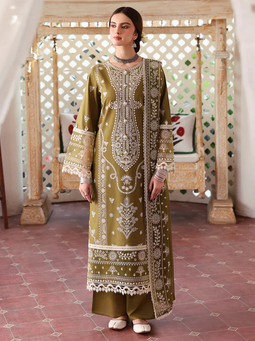 MAHNUR-3PC DHANAK EMBROIDERED SHIRT WITH DHANAK EMBROIDERED SHAWL & TROUSER-W.J-1902