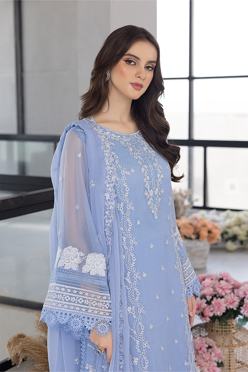AZURE - 3PC ORGANZA EMBROIDERED LAWN SHIRT WITH ORGANZA EMBROIDERED DUPATTA AND TROUSER-W.J-1528