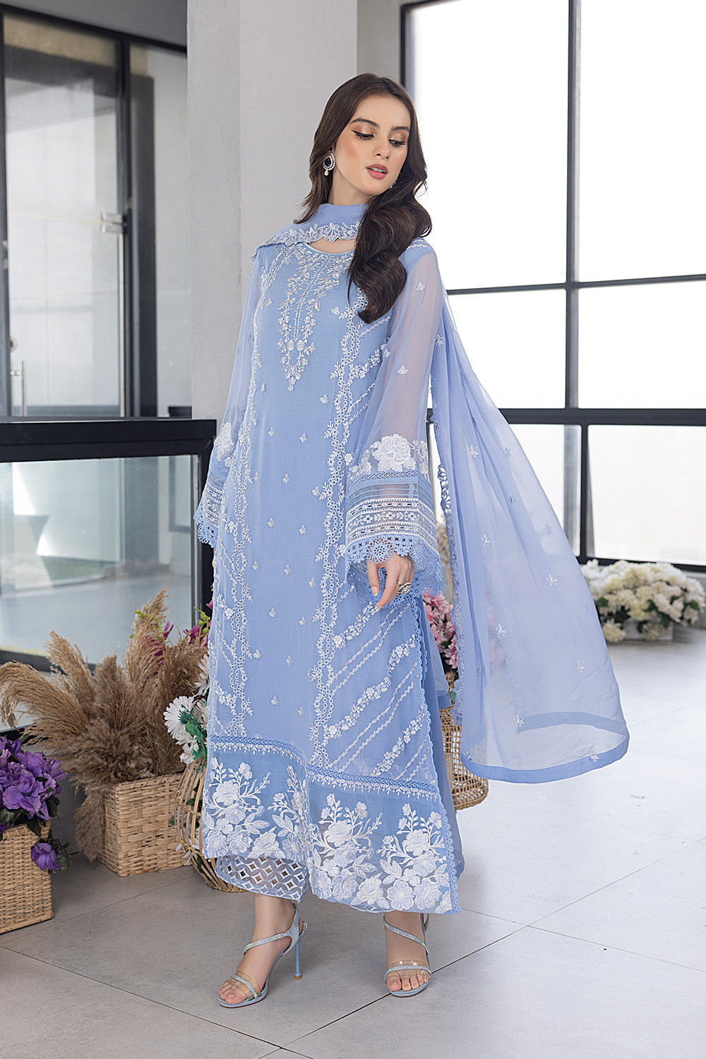 AZURE - 3PC ORGANZA EMBROIDERED LAWN SHIRT WITH ORGANZA EMBROIDERED DUPATTA AND TROUSER-W.J-1528