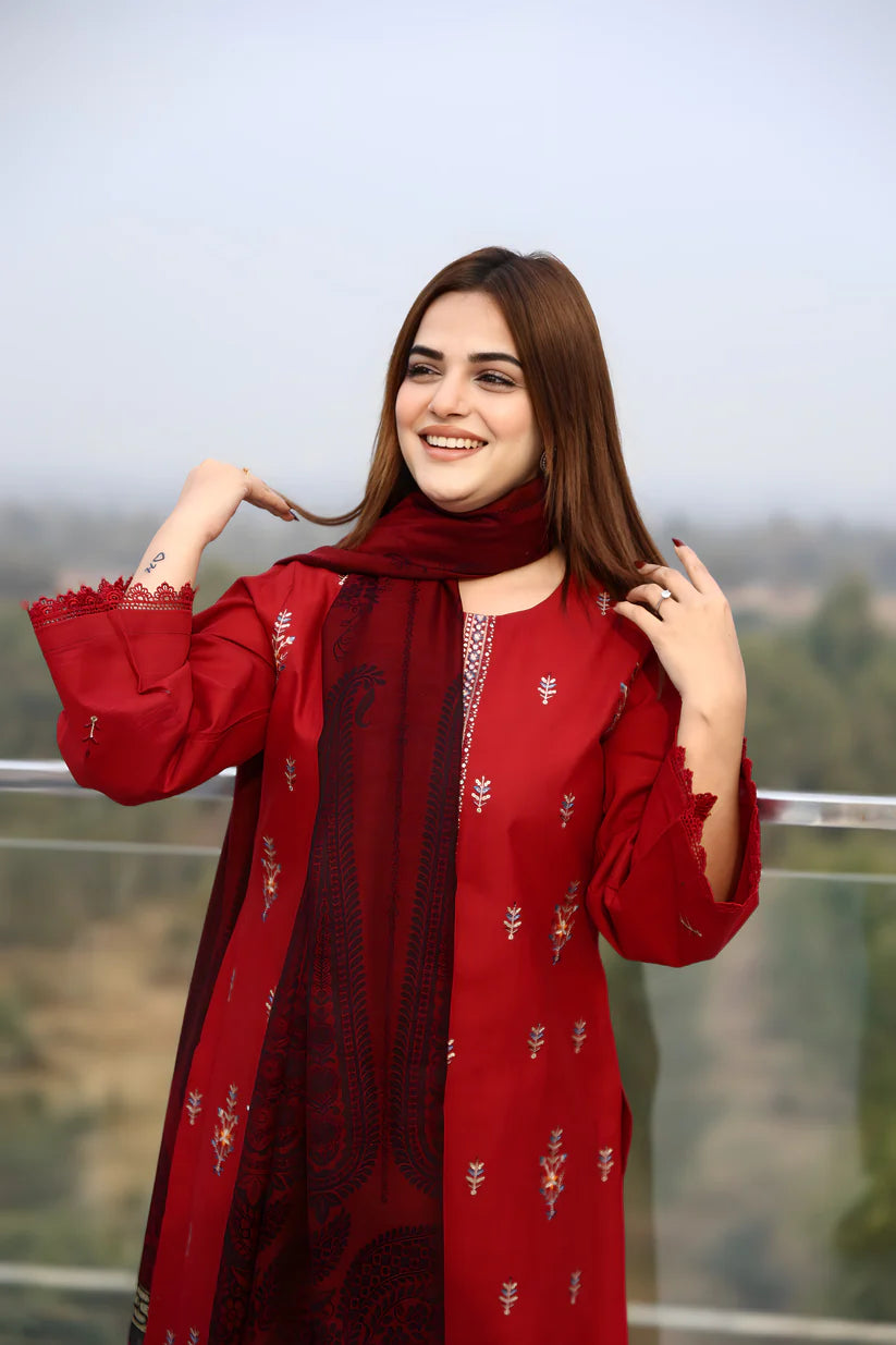 WearJora-3PC KHADDAR CUTWORK EMBROIDERED SHIRT WITH KASHMIRI JACQUARD WOOL SHAWL-W.J-1353
