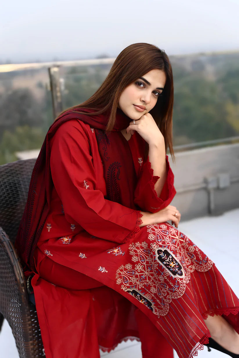 WearJora-3PC KHADDAR CUTWORK EMBROIDERED SHIRT WITH KASHMIRI JACQUARD WOOL SHAWL-W.J-1353