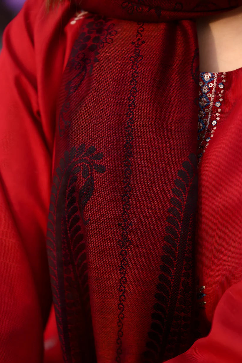 WearJora-3PC KHADDAR CUTWORK EMBROIDERED SHIRT WITH KASHMIRI JACQUARD WOOL SHAWL-W.J-1353