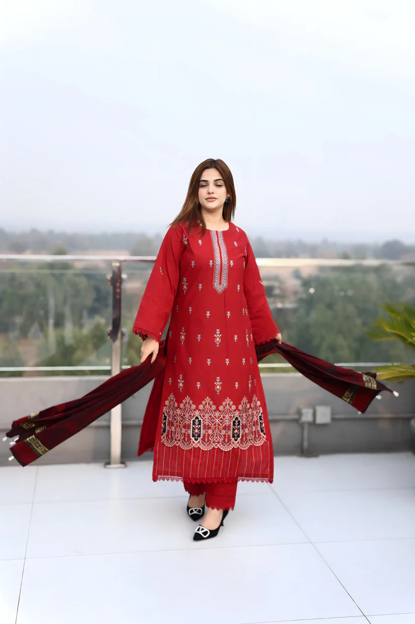 WearJora-3PC KHADDAR CUTWORK EMBROIDERED SHIRT WITH KASHMIRI JACQUARD WOOL SHAWL-W.J-1353