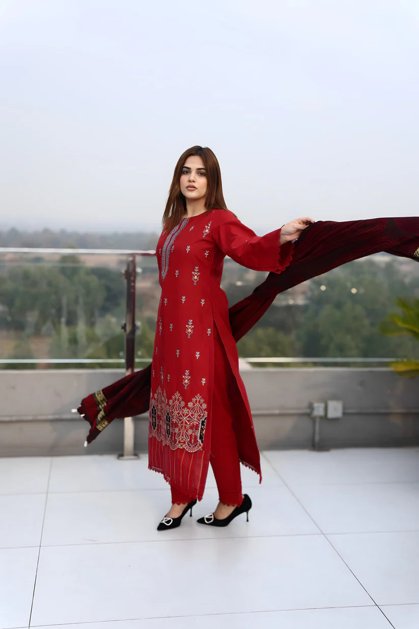 WearJora-3PC KHADDAR CUTWORK EMBROIDERED SHIRT WITH KASHMIRI JACQUARD WOOL SHAWL-W.J-1353