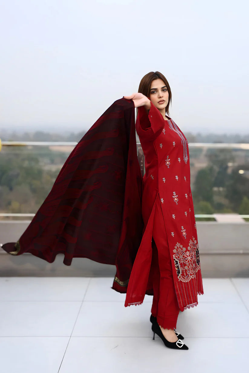 WearJora-3PC KHADDAR CUTWORK EMBROIDERED SHIRT WITH KASHMIRI JACQUARD WOOL SHAWL-W.J-1353