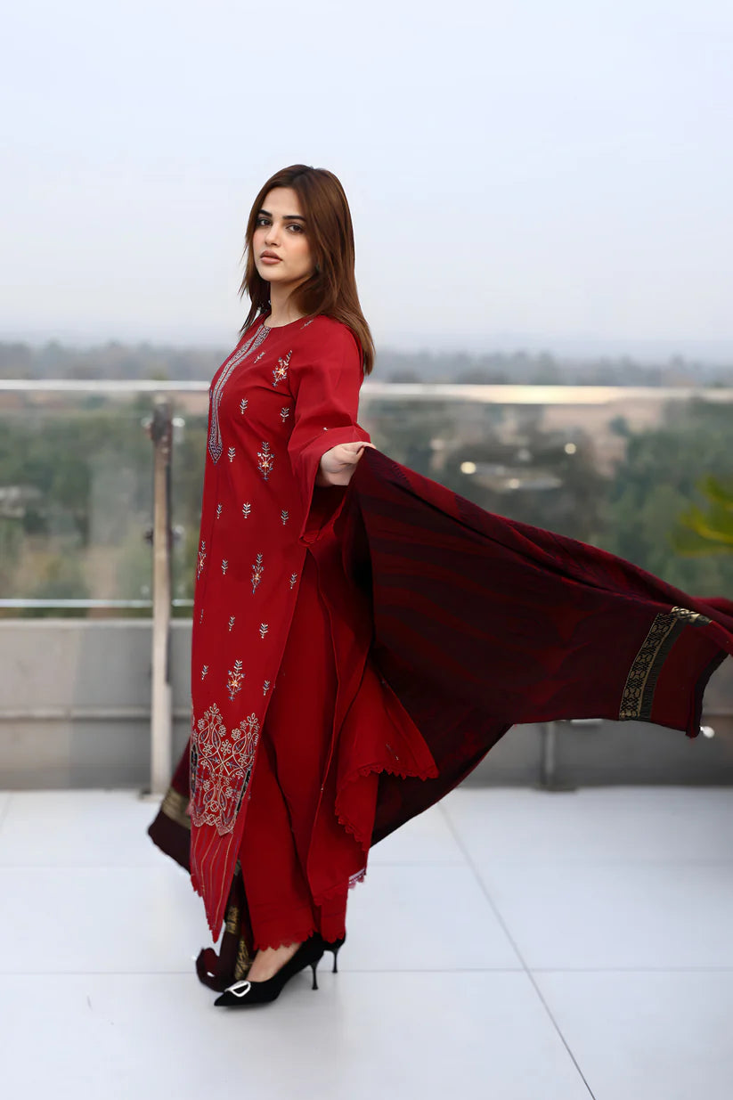 WearJora-3PC KHADDAR CUTWORK EMBROIDERED SHIRT WITH KASHMIRI JACQUARD WOOL SHAWL-W.J-1353