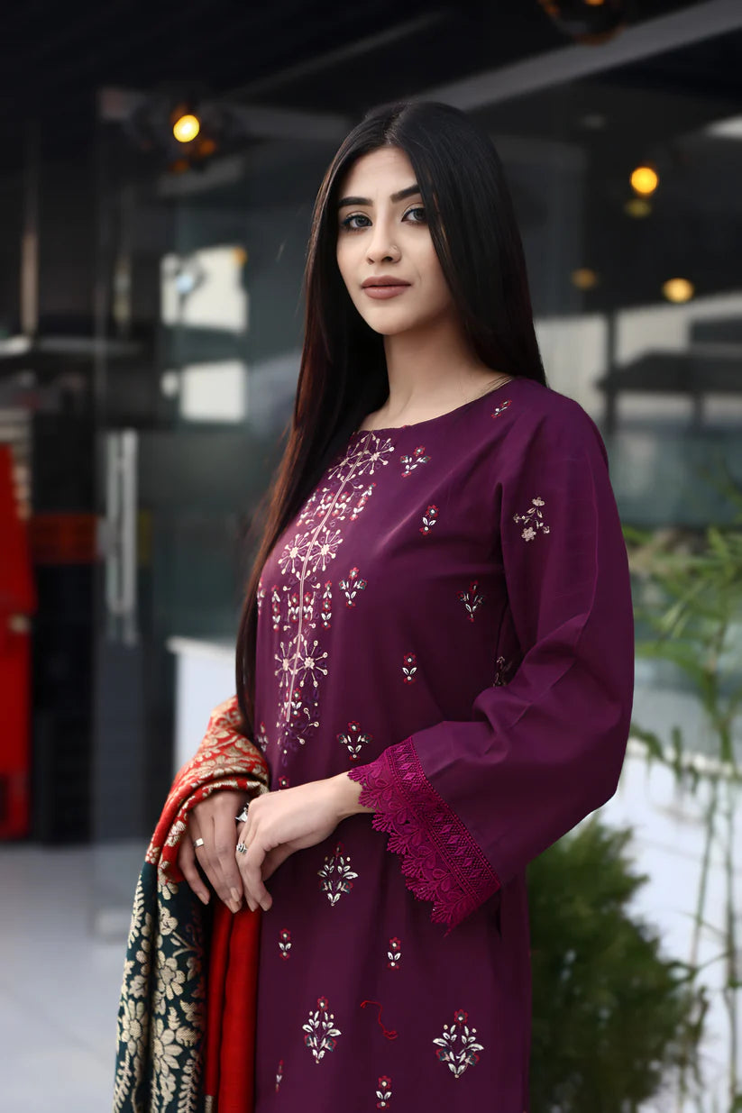 WearJora-3PC KHADDAR CUTWORK EMBROIDERED SHIRT WITH KASHMIRI JACQUARD WOOL SHAWL-W.J-1355