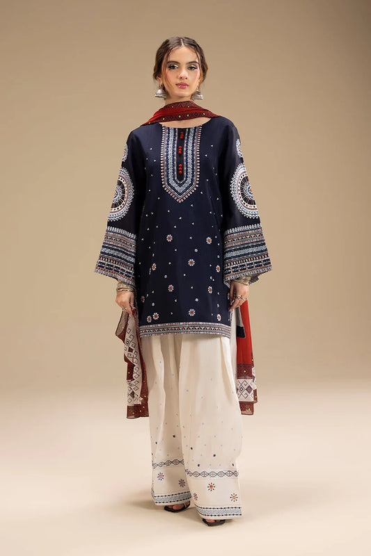 JAZMIN-3PC DHANAK EMBROIDERED SHIRT WITH CORTRAI WOOL PRINTED SHAWL AND EMB TROUSER-W.J-1789