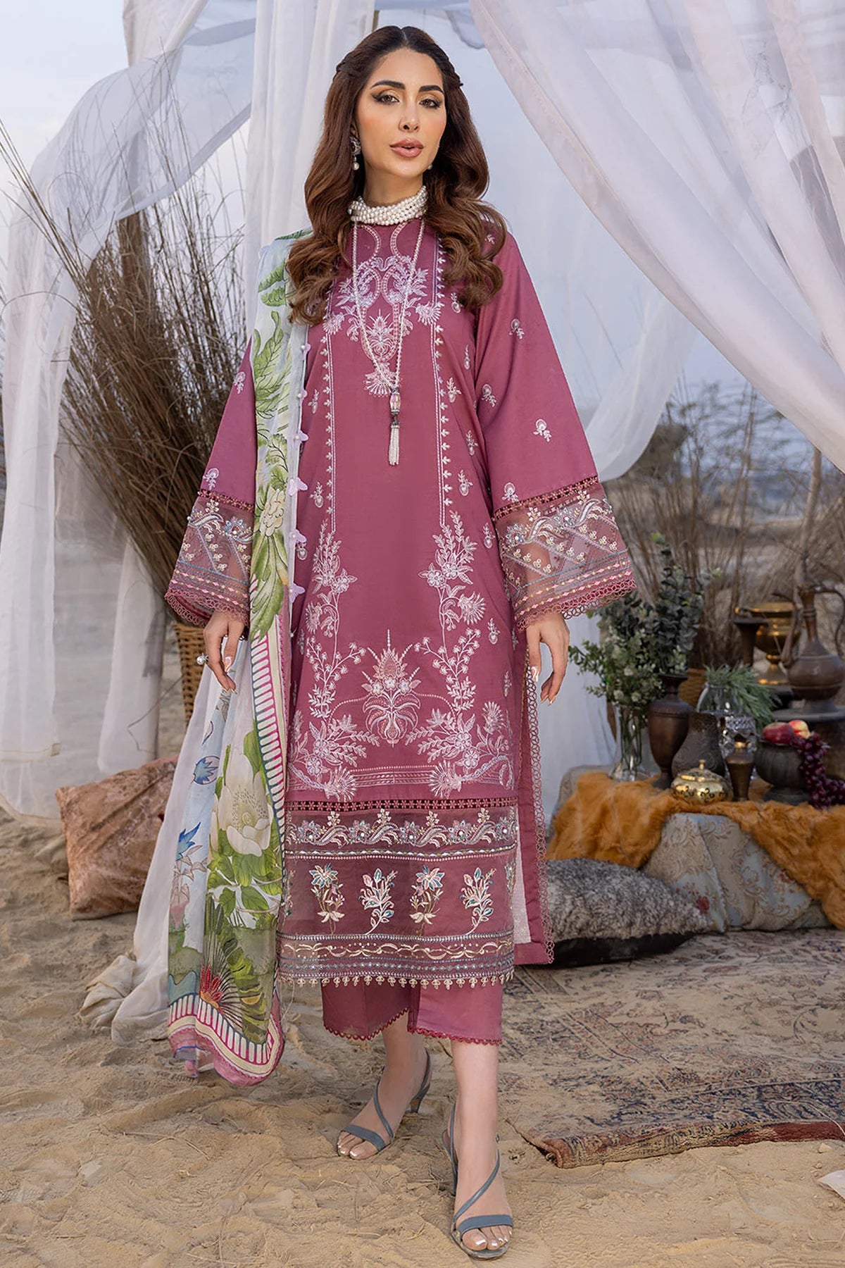 IZEL - 3PC DHANAK EMBROIDERED SHIRT WITH COUTURE SHAWAL AND TROUSER-W.J-1116