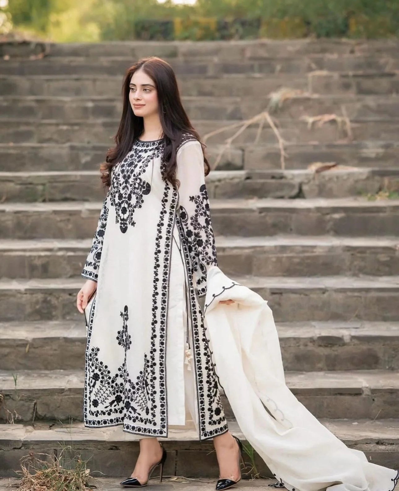 JAZMIN- DHANAK 3PC EMBROIDERED SHIRT WITH DHANAK EMBROIDERED SHAWL WITH TROUSER-W.J-1032