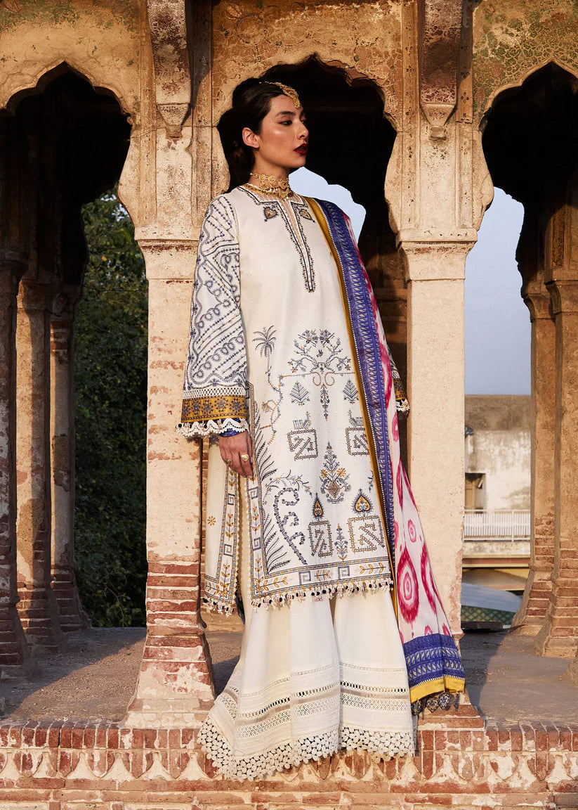 HUSSAIN REHAR--3PC KHADDAR HEAVY EMBROIDERED SHIRT WITH COURTRAI WOOL PRINT SHAWL AND TROUSER-W.J-1830