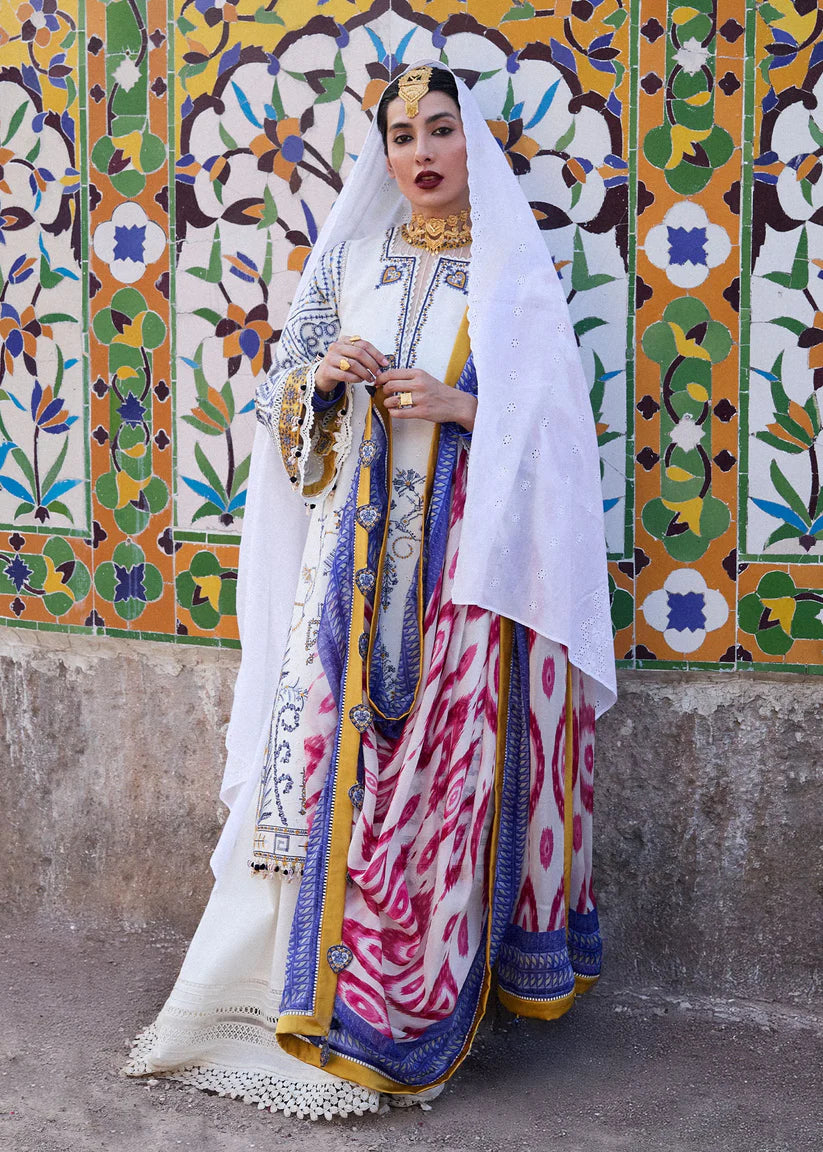 HUSSAIN REHAR--3PC KHADDAR HEAVY EMBROIDERED SHIRT WITH COURTRAI WOOL PRINT SHAWL AND TROUSER-W.J-1830