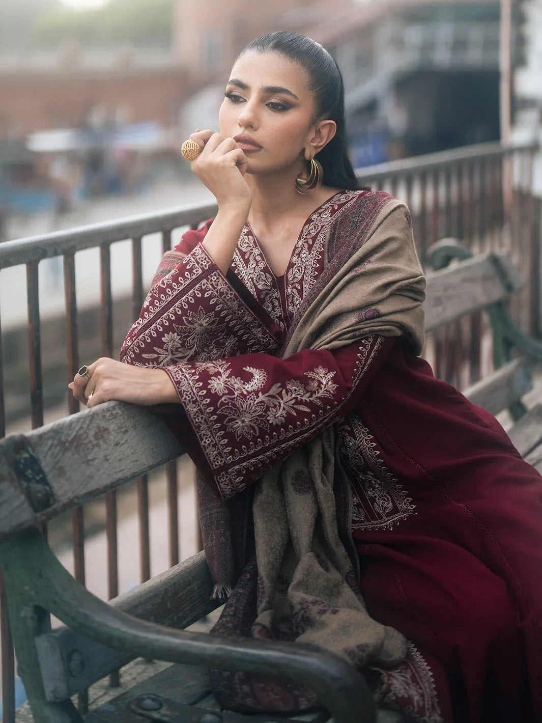 IZEL-3PC DHANAK EMBROIDERED SHIRT WITH COUTRAI PRINTED SHAWL AND TROUSER-W.J-1035
