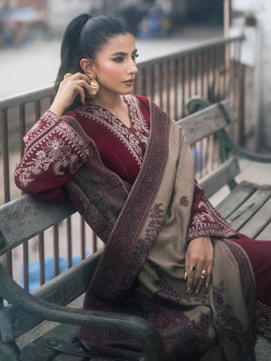 IZEL-3PC DHANAK EMBROIDERED SHIRT WITH COUTRAI PRINTED SHAWL AND TROUSER-W.J-1035
