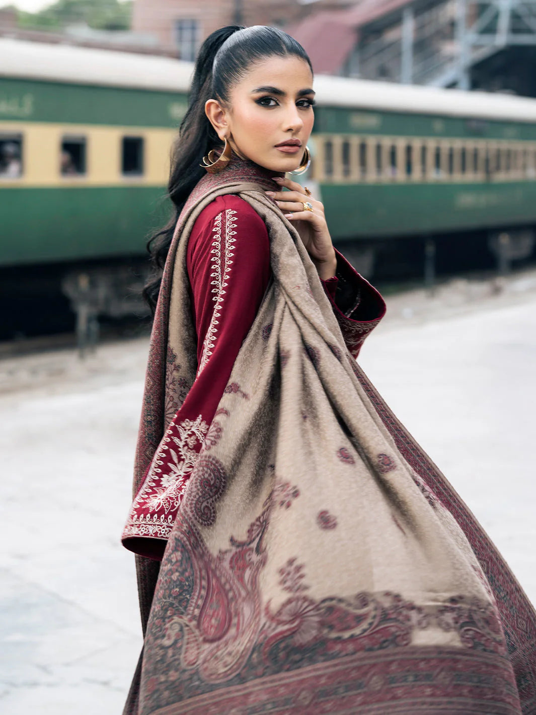 IZEL-3PC DHANAK EMBROIDERED SHIRT WITH COUTRAI PRINTED SHAWL AND TROUSER-W.J-1035