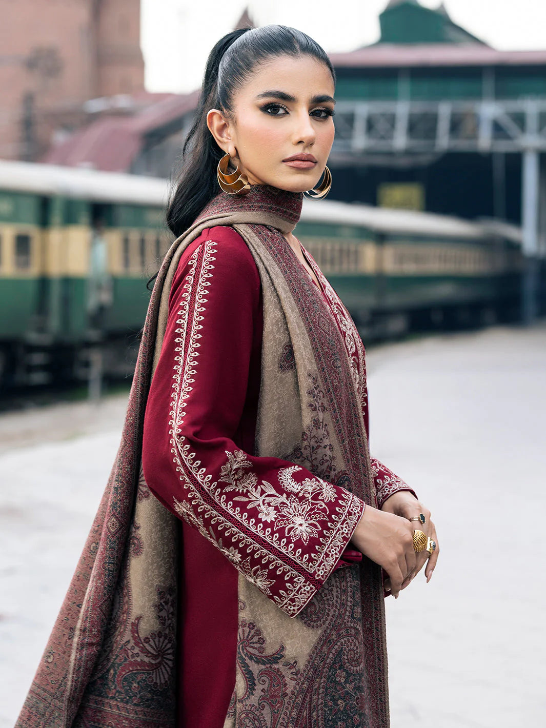IZEL-3PC DHANAK EMBROIDERED SHIRT WITH COUTRAI PRINTED SHAWL AND TROUSER-W.J-1035