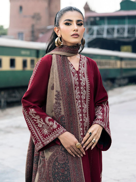 IZEL-3PC DHANAK EMBROIDERED SHIRT WITH COUTRAI PRINTED SHAWL AND TROUSER-W.J-1035