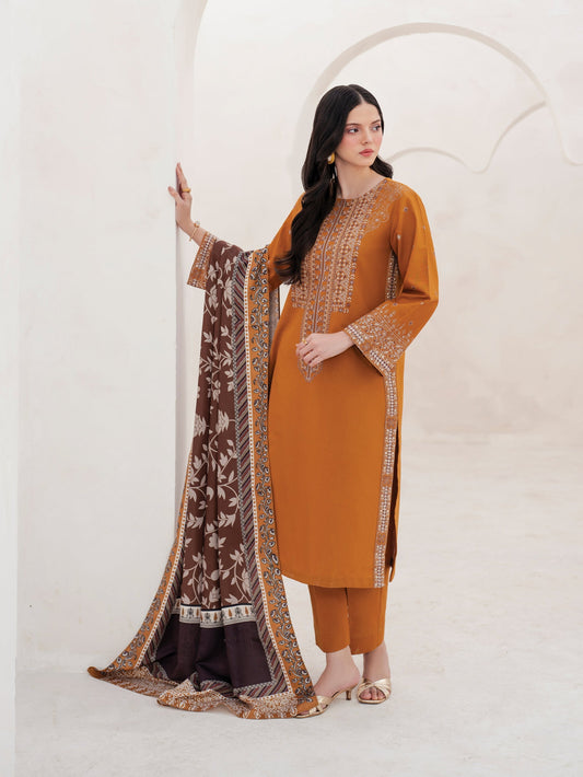 GARNET-3PC DHANAK EMBROIDERED SHIRT WITH COURTRAI PRINTED SHAWL AND TROUSER-W.J-1512