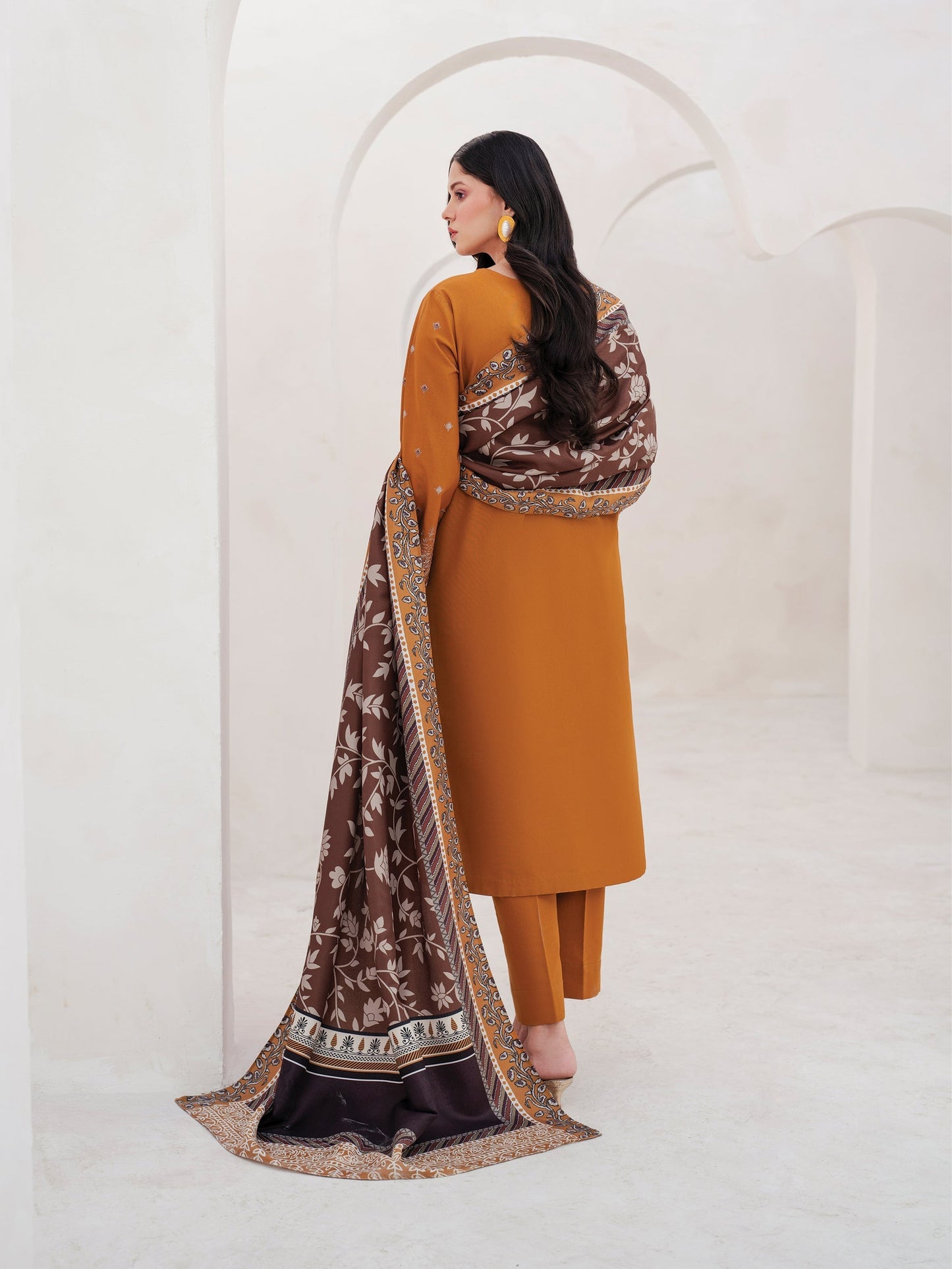 GARNET-3PC DHANAK EMBROIDERED SHIRT WITH COURTRAI PRINTED SHAWL AND TROUSER-W.J-1512