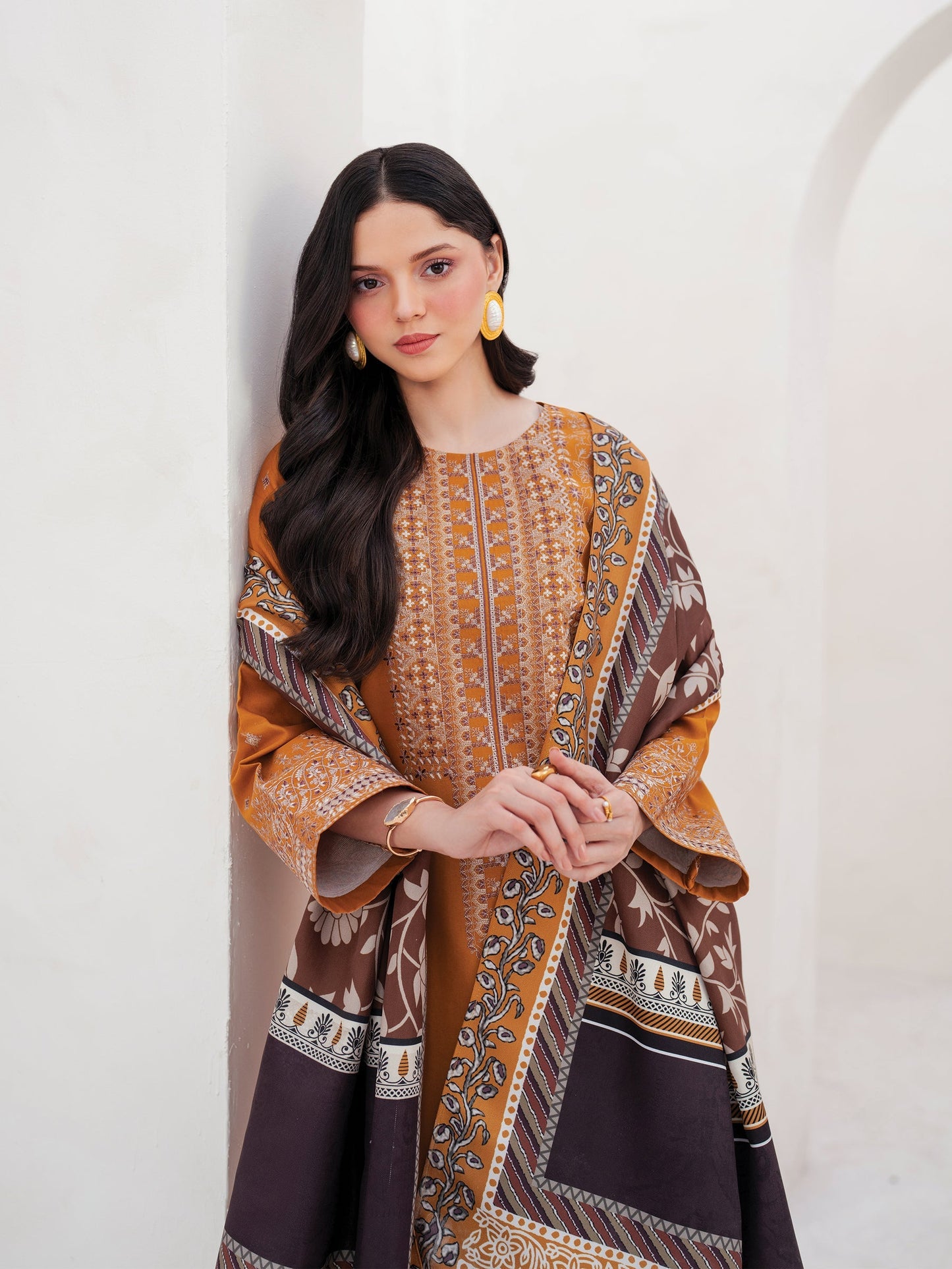 GARNET-3PC DHANAK EMBROIDERED SHIRT WITH COURTRAI PRINTED SHAWL AND TROUSER-W.J-1512