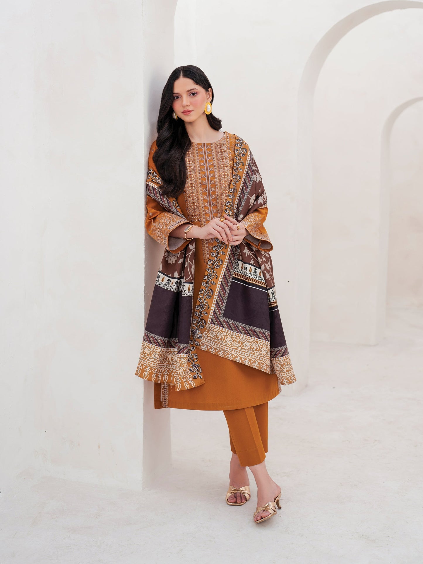 GARNET-3PC DHANAK EMBROIDERED SHIRT WITH COURTRAI PRINTED SHAWL AND TROUSER-W.J-1512