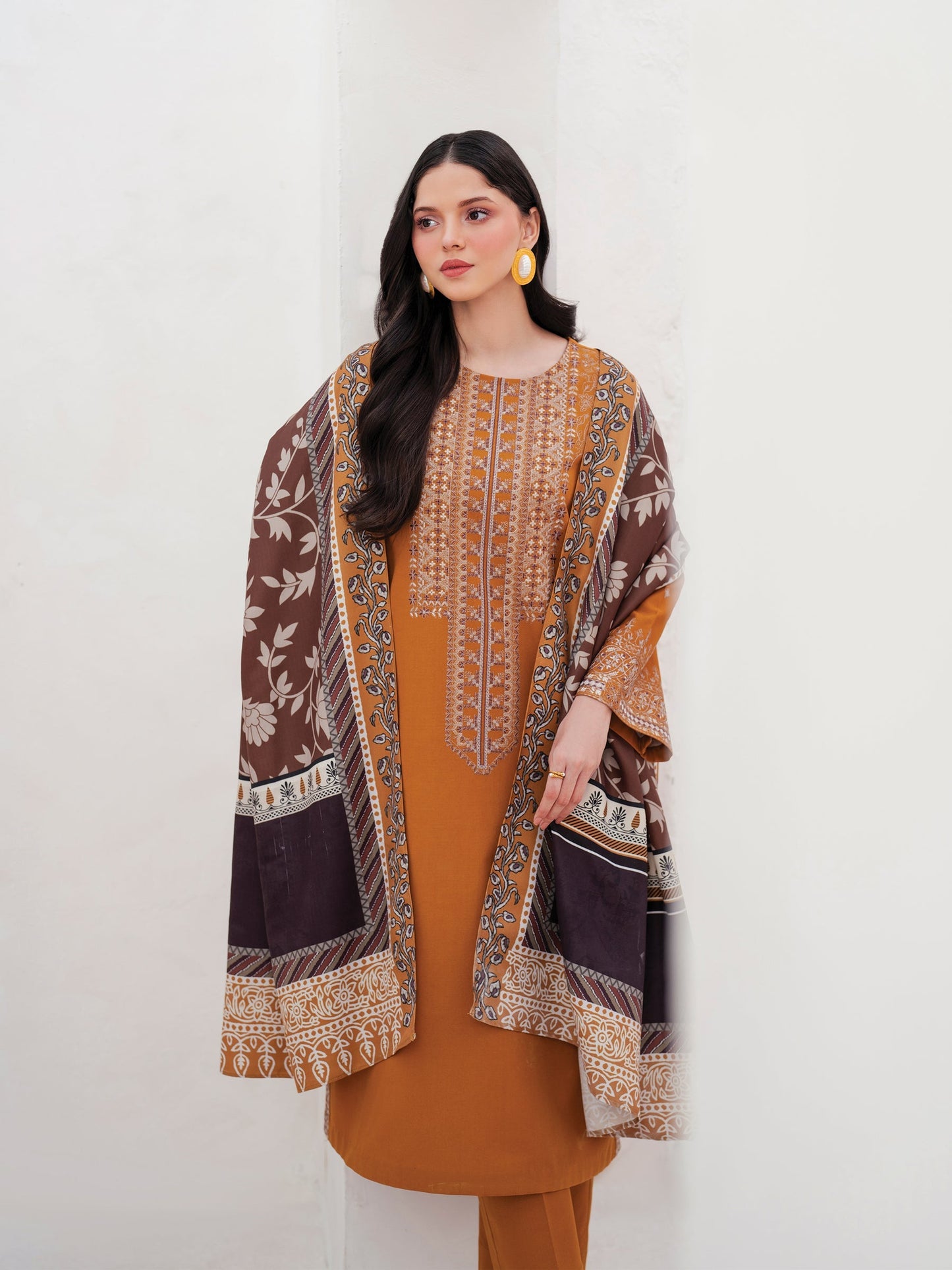 GARNET-3PC DHANAK EMBROIDERED SHIRT WITH COURTRAI PRINTED SHAWL AND TROUSER-W.J-1512