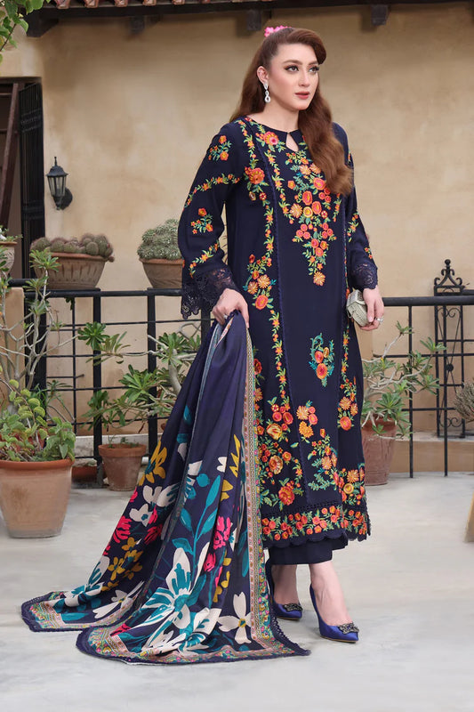 ASIM JOFA-3PC DHANAK EMBROIDERED SHIRT WITH COURTRAI PRINTED SHAWL & TROUSER-W.J-2007