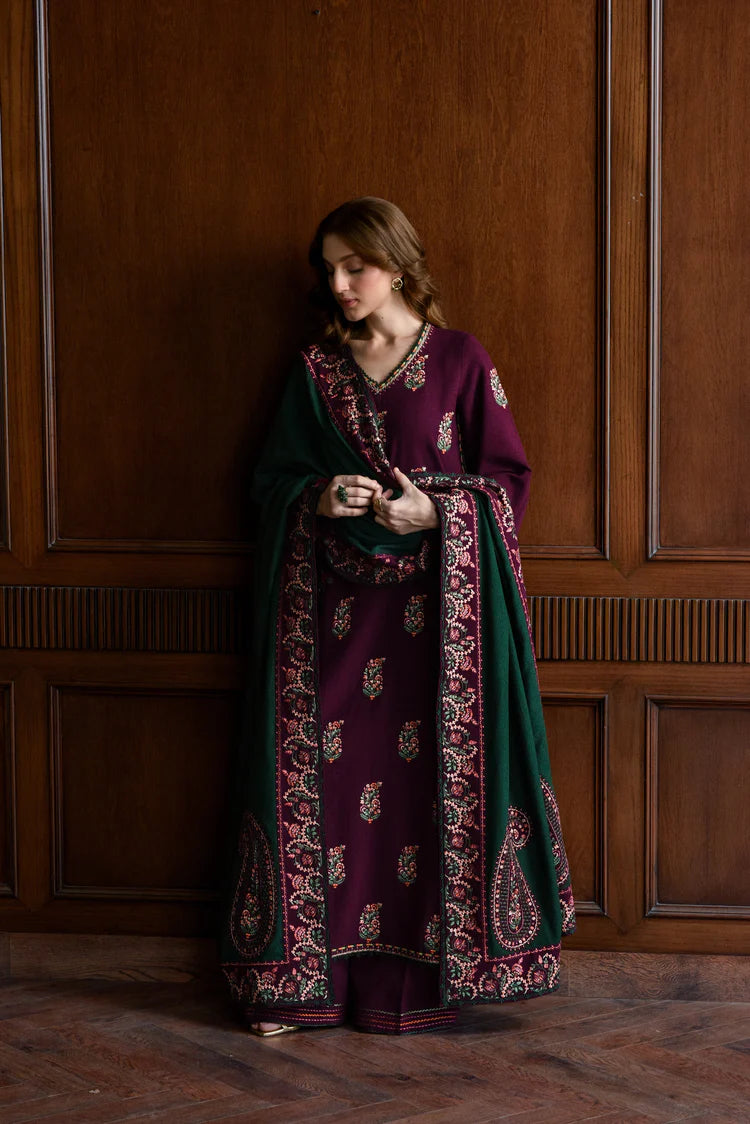 BATIK-3PC KARANDI EMBROIDERED SHIRT WITH DHANAK EMBROIDERED SHAWL AND TROUSER-W.J-2035