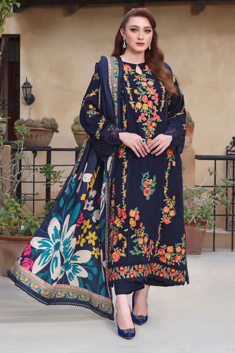ASIM JOFA-3PC DHANAK EMBROIDERED SHIRT WITH COURTRAI PRINTED SHAWL & TROUSER-W.J-2007