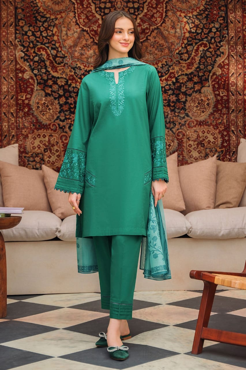 ZIVA-3PC DHANAK EMBROIDERED SHIRT WITH COUTRAI PRINTED SHAWL AND TROUSER-W.J-1555