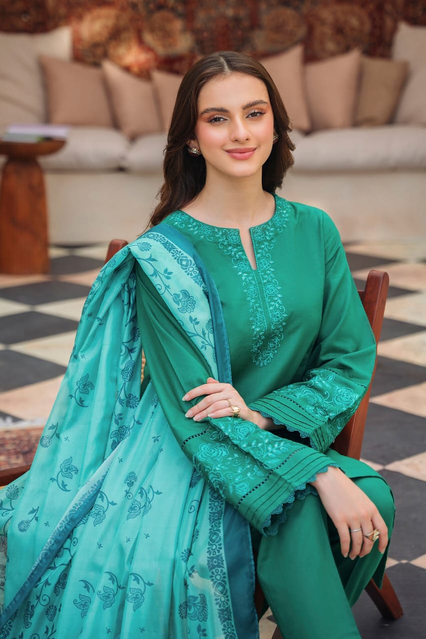 ZIVA-3PC DHANAK EMBROIDERED SHIRT WITH COUTRAI PRINTED SHAWL AND TROUSER-W.J-1555