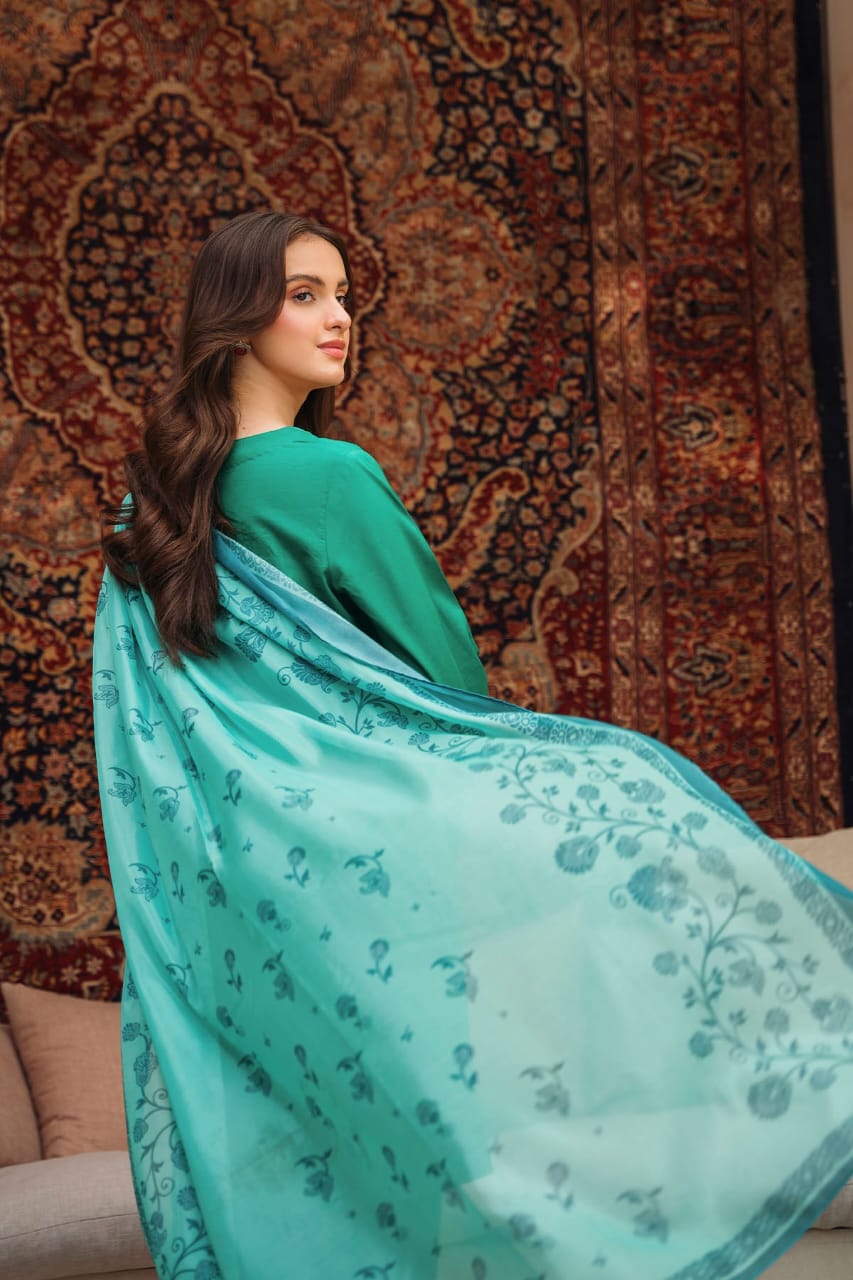 ZIVA-3PC DHANAK EMBROIDERED SHIRT WITH COUTRAI PRINTED SHAWL AND TROUSER-W.J-1555