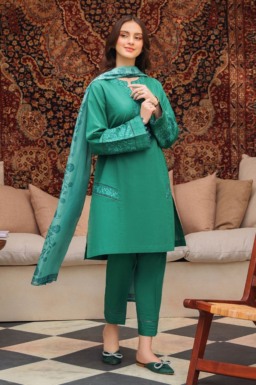 ZIVA-3PC DHANAK EMBROIDERED SHIRT WITH COUTRAI PRINTED SHAWL AND TROUSER-W.J-1555