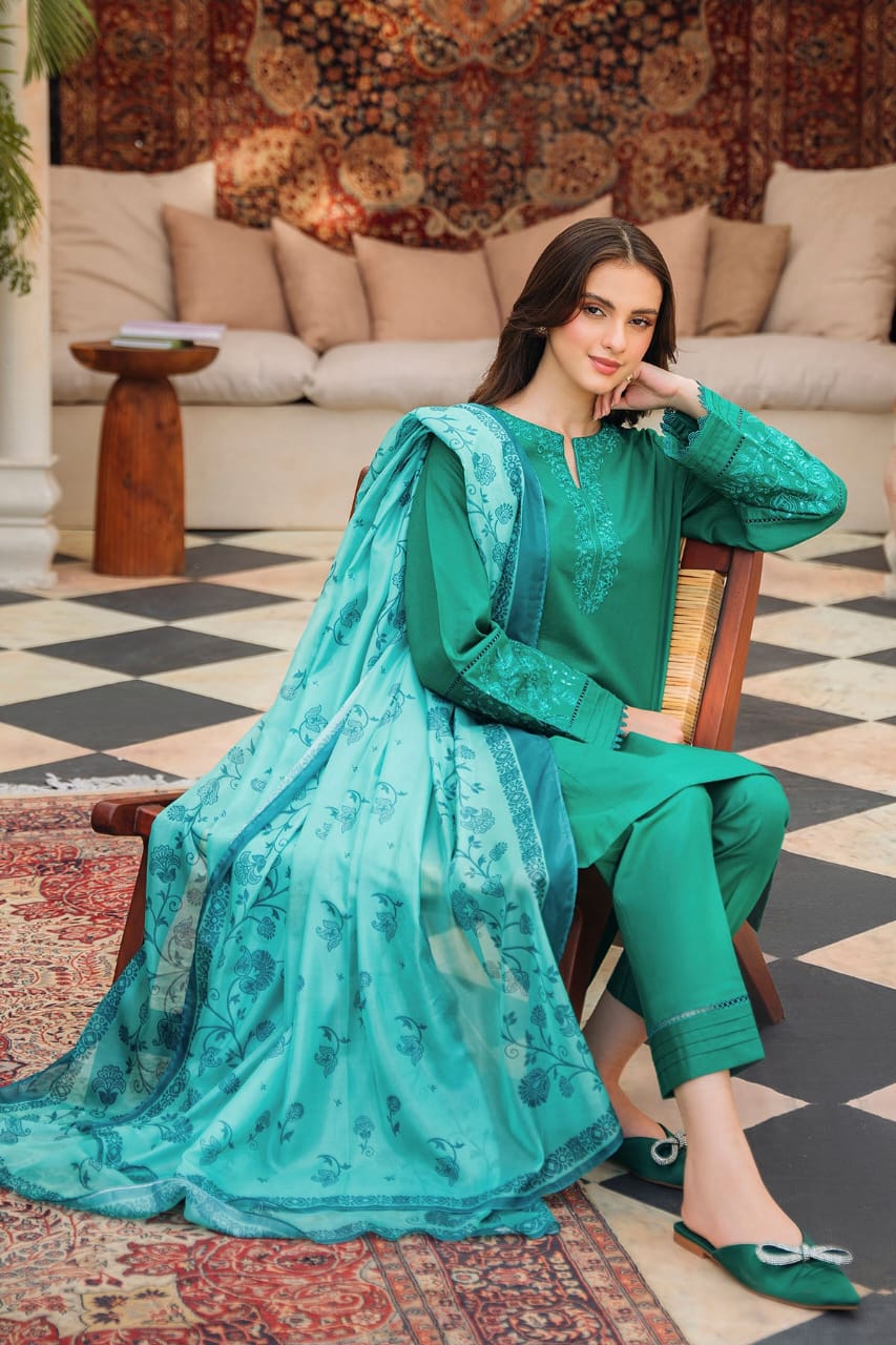 ZIVA-3PC DHANAK EMBROIDERED SHIRT WITH COUTRAI PRINTED SHAWL AND TROUSER-W.J-1555
