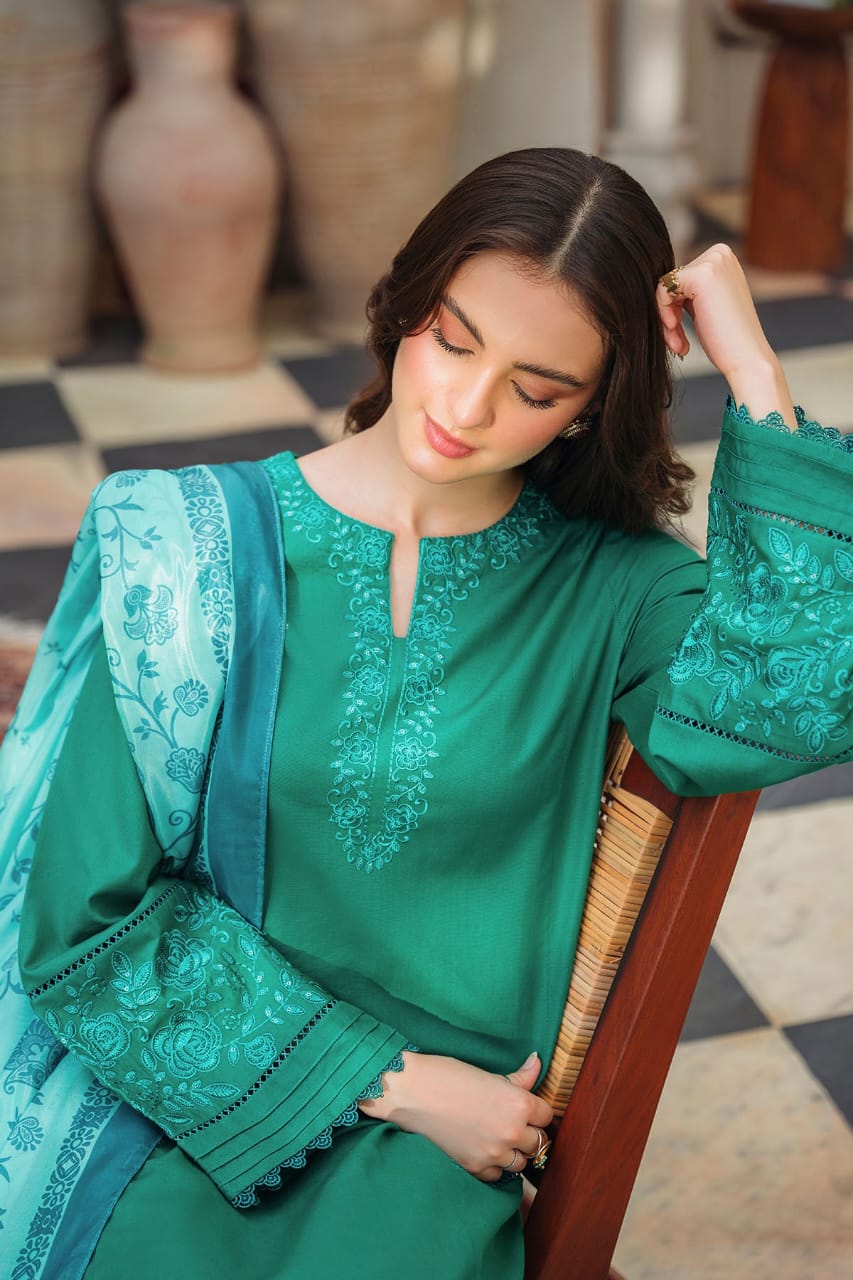 ZIVA-3PC DHANAK EMBROIDERED SHIRT WITH COUTRAI PRINTED SHAWL AND TROUSER-W.J-1555