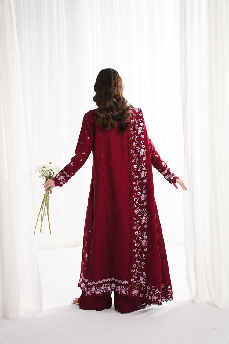 GARNET-3PC DHANAK EMBROIDERED SHIRT WITH DHANAK EMBROIDERED SHAWL & TROUSER-W.J-2006