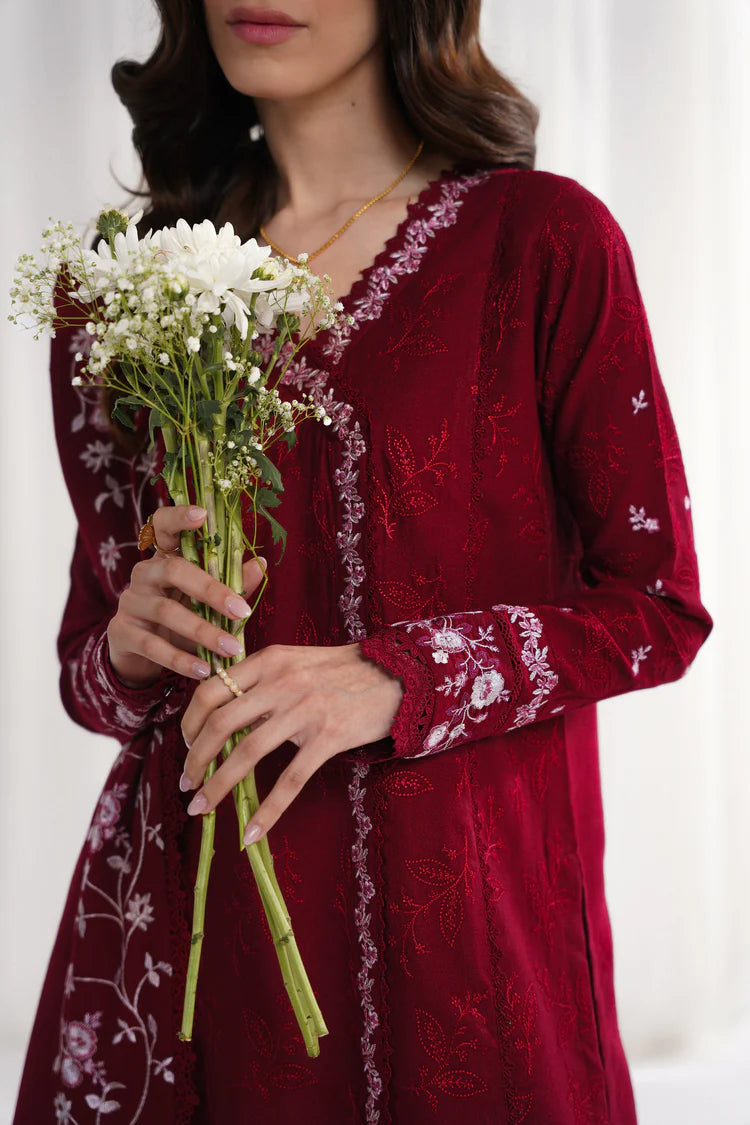 GARNET-3PC DHANAK EMBROIDERED SHIRT WITH DHANAK EMBROIDERED SHAWL & TROUSER-W.J-2006