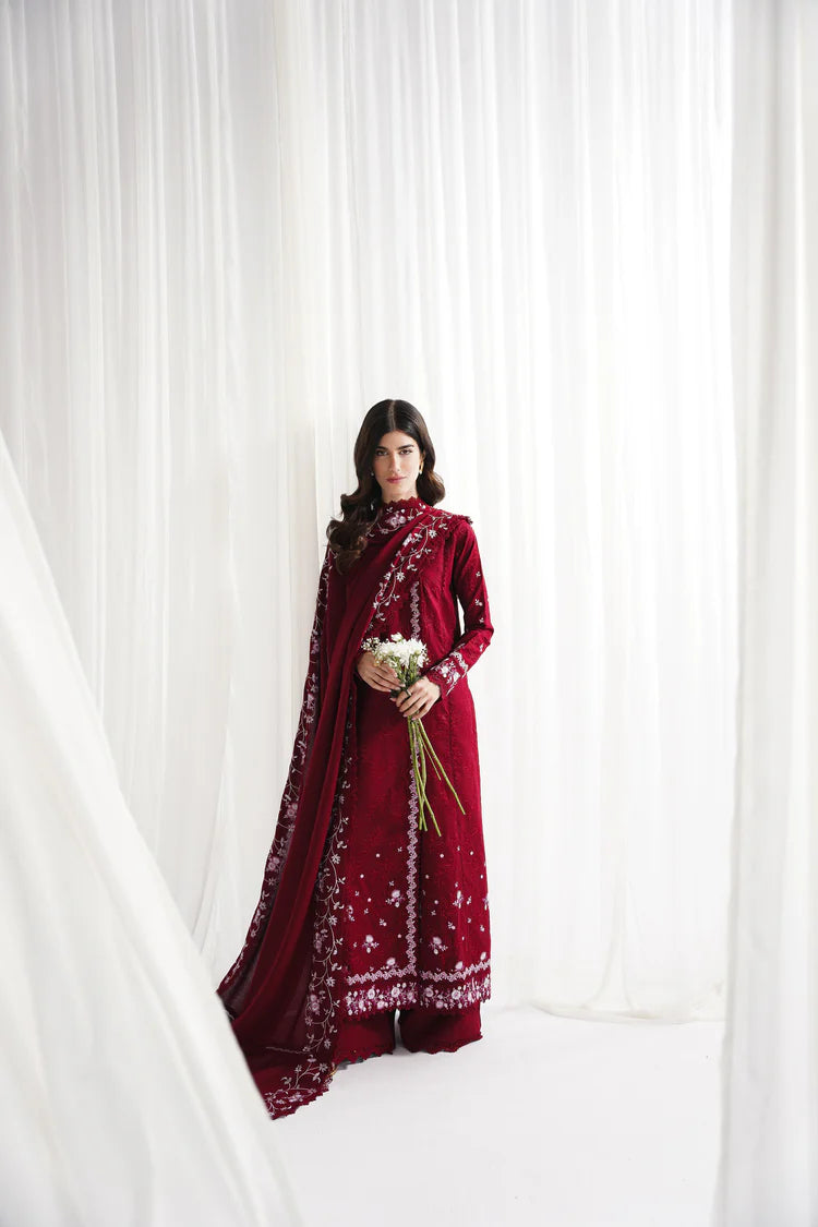 GARNET-3PC DHANAK EMBROIDERED SHIRT WITH DHANAK EMBROIDERED SHAWL & TROUSER-W.J-2006