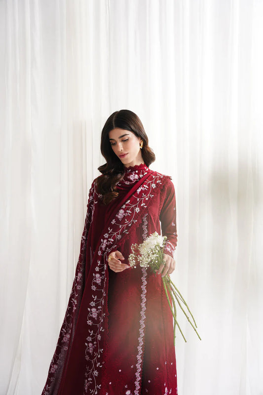 GARNET-3PC DHANAK EMBROIDERED SHIRT WITH DHANAK EMBROIDERED SHAWL & TROUSER-W.J-2006