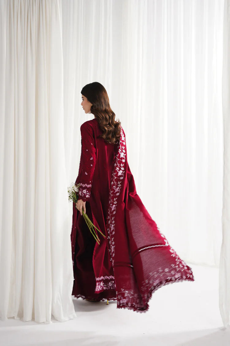 GARNET-3PC DHANAK EMBROIDERED SHIRT WITH DHANAK EMBROIDERED SHAWL & TROUSER-W.J-2006